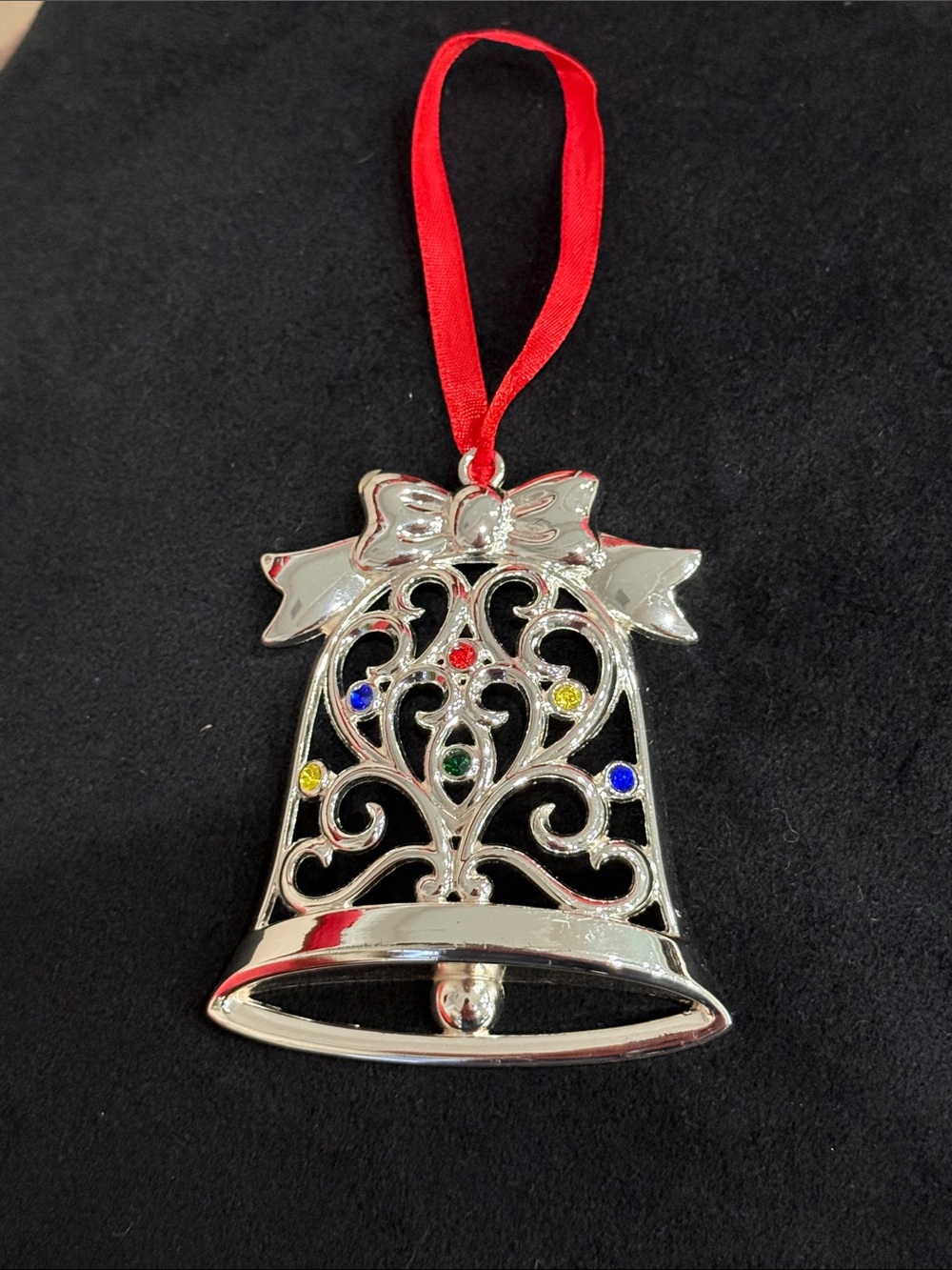 LENOX Holiday Silver Bell Orn W/ Red Ribbon Hanger & Multi-color Rhinestones EUC